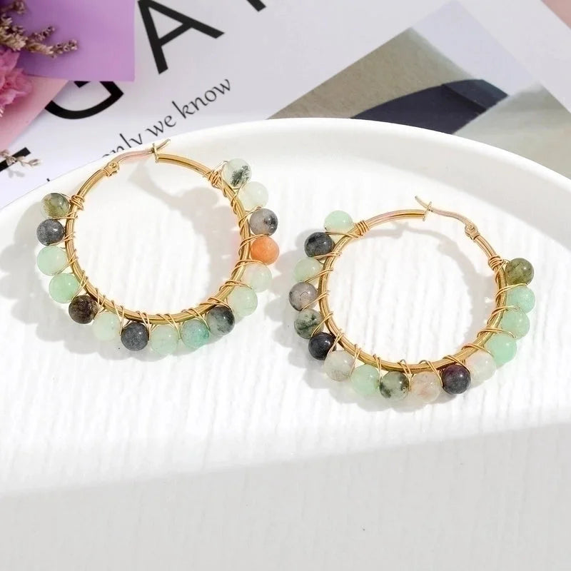 2 Pieces Retro Geometric Handmade Stainless Steel Natural Stone Earrings