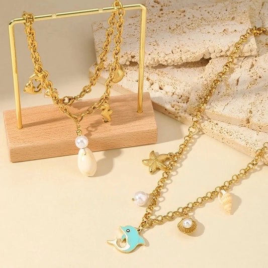 Cute Starfish Dolphin Shell 304 Stainless Steel Imitation Pearl Imitating Stone 18K Gold Plated Enamel Plating Inlay Multi Charms Necklace