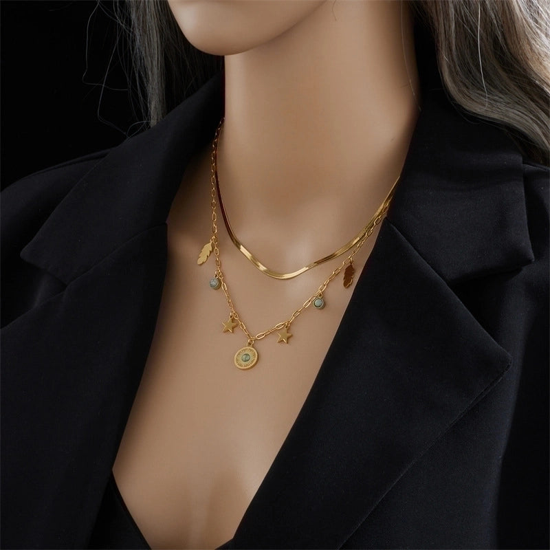 Fashion Sun Eye Titanium Steel Plating Inlay Turquoise Layered Necklaces