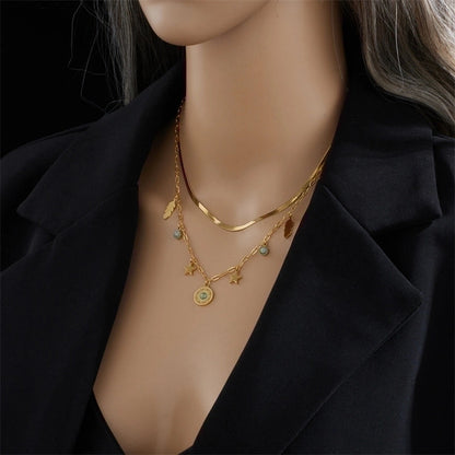 Fashion Sun Eye Titanium Steel Plating Inlay Turquoise Layered Necklaces