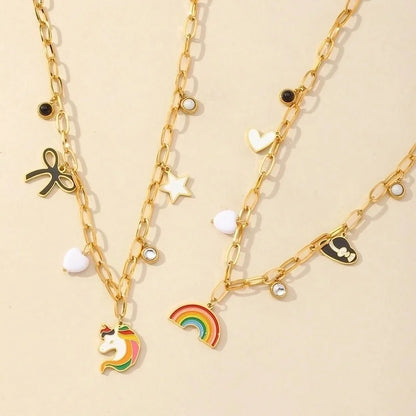 Casual Romantic Rainbow Heart Shape Horse 304 Stainless Steel Acrylic Zircon 18K Gold Plated Enamel Multi Charms Necklace