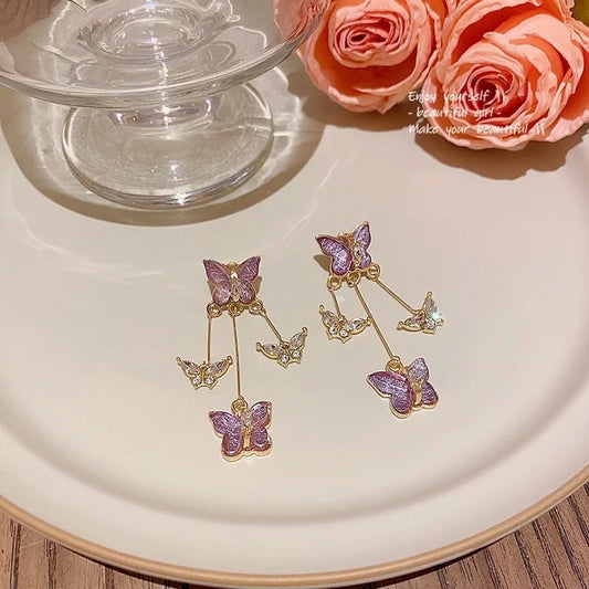 Super Fairy Purple Butterfly Dancing Long Tassel Earrings Romantic Gentle Earless Ear Clip And Then We Danced