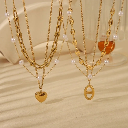 Vintage Style Geometric Heart Shape 304 Stainless Steel 18K Gold Plated Plating Three Layer Necklace