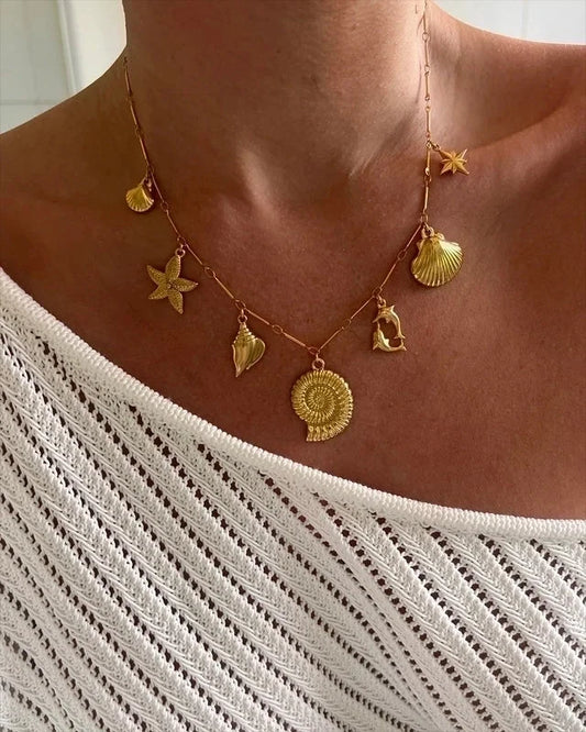 Retro Exaggerated Commute Starfish Conch Shell 304 Stainless Steel 18K Gold Plated Pendant Necklace
