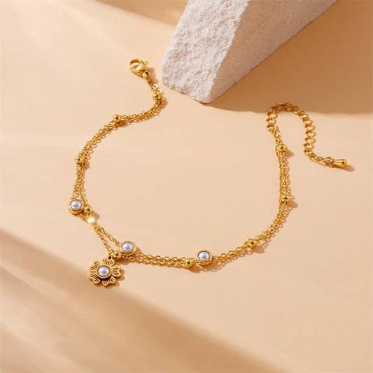 Women Fashion Flower Stainless Steel Anklets