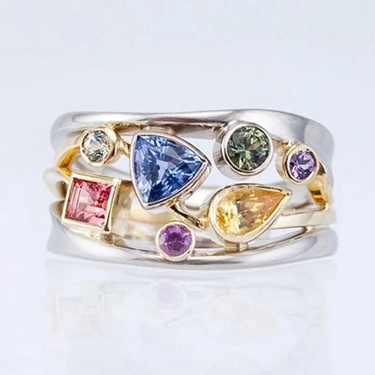 Multicolor Geometric Pattern Ladies Set With Zircon Wave Line Copper Ring