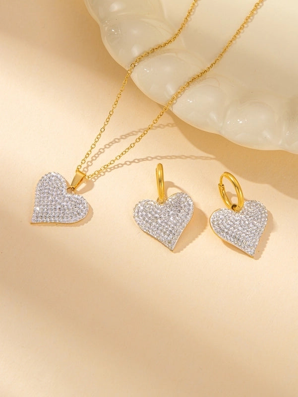 IG Style Minimalist Heart Shape Titanium Steel Shell Zircon Inlay Earrings Necklace