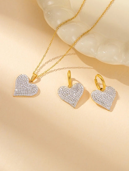 IG Style Minimalist Heart Shape Titanium Steel Shell Zircon Inlay Earrings Necklace
