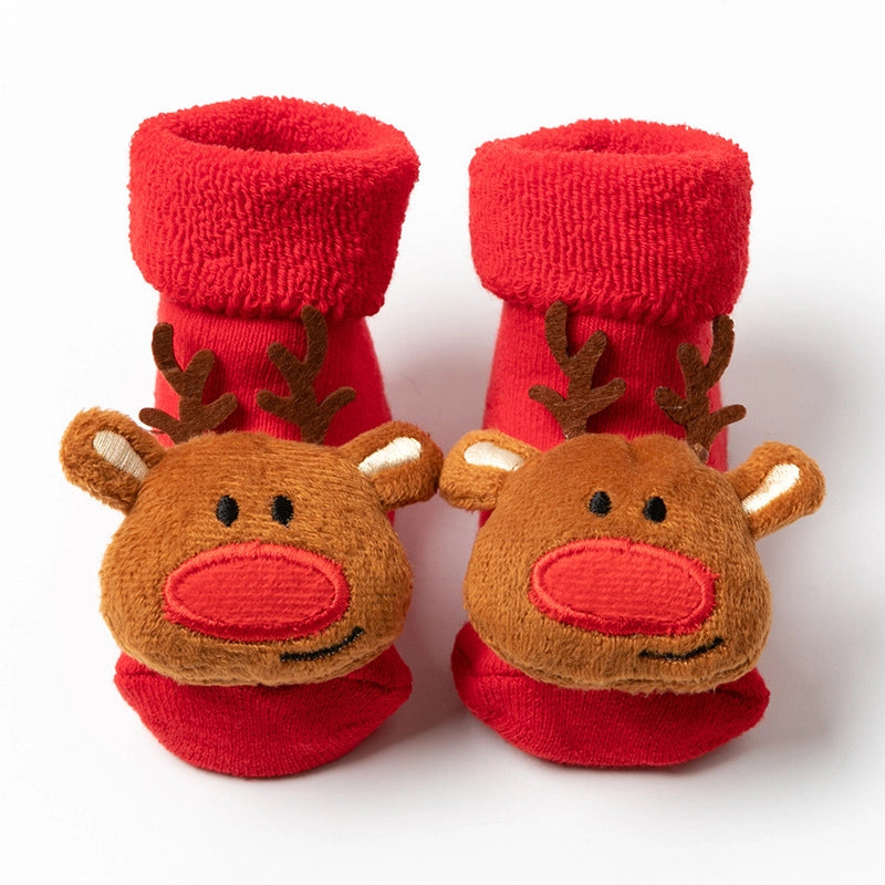New Newborn Baby Socks Autumn And Winter A Cotton Red Terry Fleece-lined Thickened Non-slip Baby Christmas Floor Socks 1