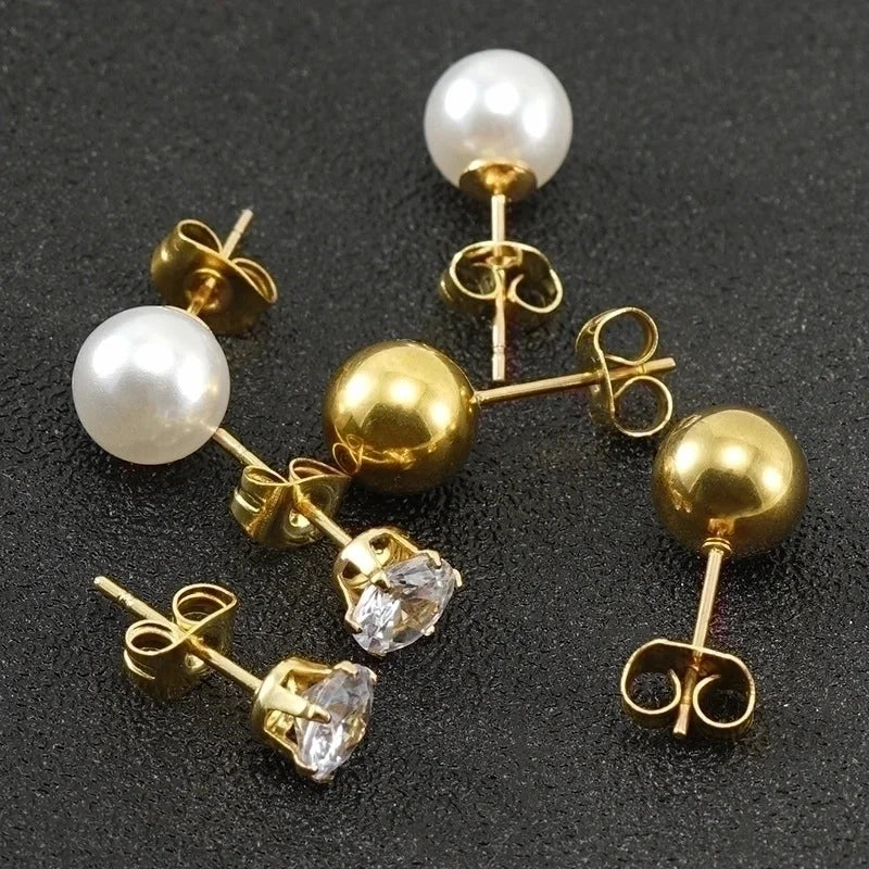 1 Pair Elegant Geometric Inlay 304 Stainless Steel Artificial Pearls Zircon 18K Gold Plated Stainless Steel Earrings