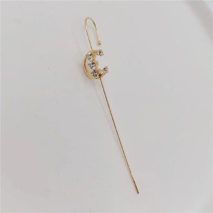 2 Pieces Trendy Zircon Ear Hook Piercing Ear Pin Female Net Red Personality Design Surrounding Ear Bone Clip Oblique Line Earrings