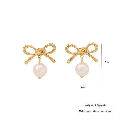 Elegant Streetwear Commute Heart Shape Bow Knot 304 Stainless Steel Artificial Pearls 18K Gold Plated Inlay Earrings Necklace Jewelry Set