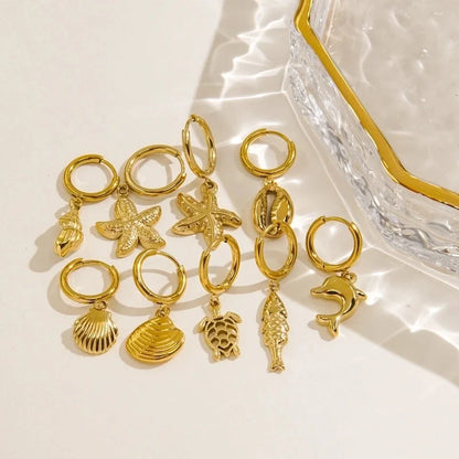 3 Pieces Beach Tortoise Starfish Shell Plating 304 Stainless Steel 14K Gold Plated Earrings