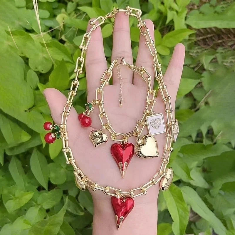 Casual Modern Style Minimalist Cherry Heart Shape Copper Zircon 18K Gold Plated Polishing Enamel Plating Bracelets Necklace Jewelry Set