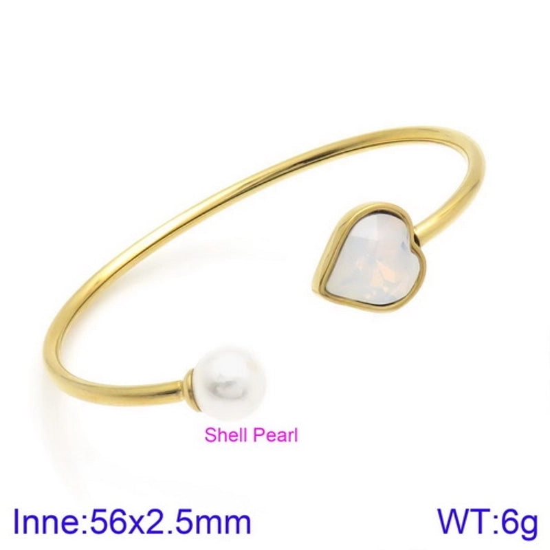 Modern Style Minimalist Heart Shape Stainless Steel Titanium Steel 18K Gold Plated Glass Stone Pearl Bangle In Bulk