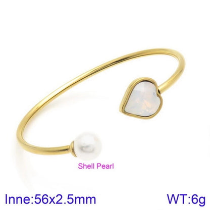 Modern Style Minimalist Heart Shape Stainless Steel Titanium Steel 18K Gold Plated Glass Stone Pearl Bangle In Bulk