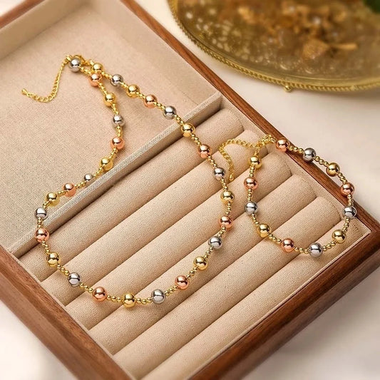 Europe And America Copper Plating 18K Golden & Three Colors Round Beads Bamboo Bracelet Necklace Vintage Contrast Color Ball Bead Chain Ornament Suit