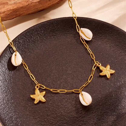 Cute Sweet Star Bow Knot Shell Titanium Steel Pearl 18K Gold Plated Hollow Out Inlay Pendant Necklace