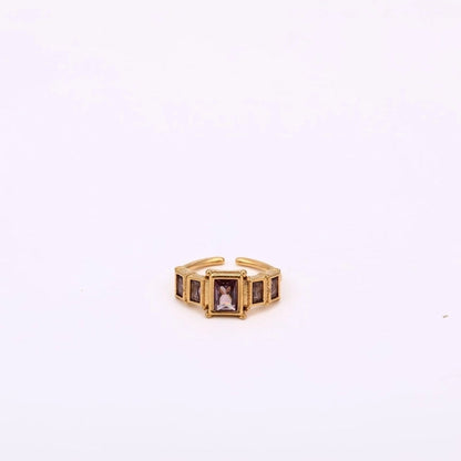 Classic Style Rectangle 304 Stainless Steel Zircon 18K Gold Plated Inlay Open Rings