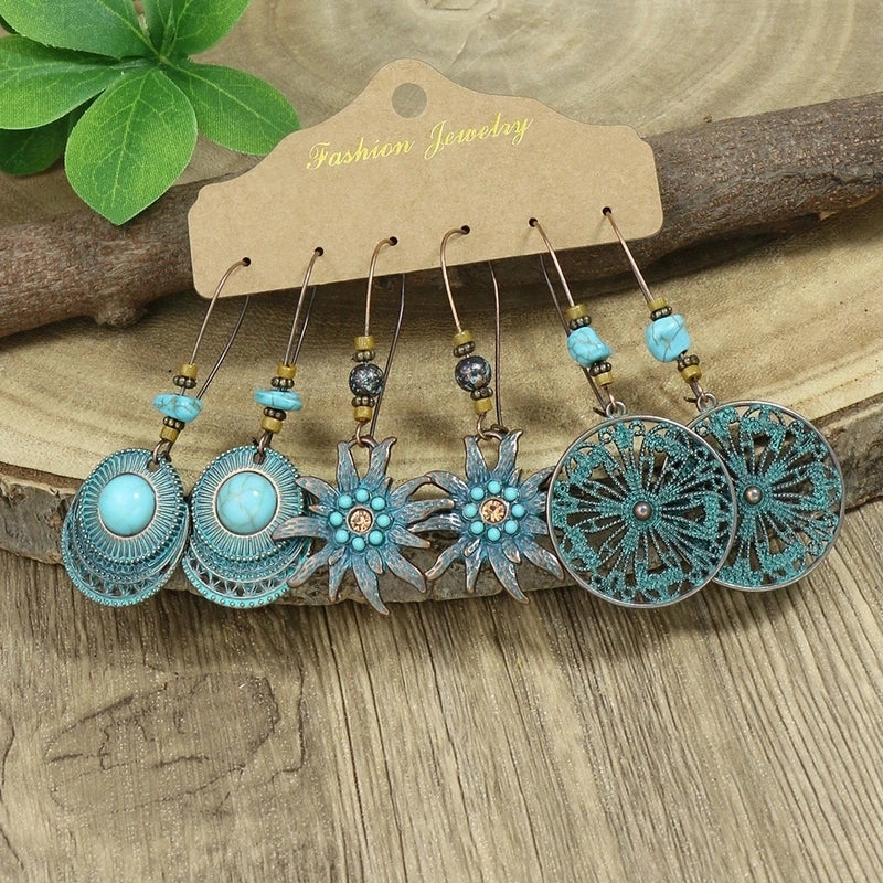 Hot 3-piece Vintage Red Earrings Set Geometric Turquoise Tassel Bohemian Minority Earrings