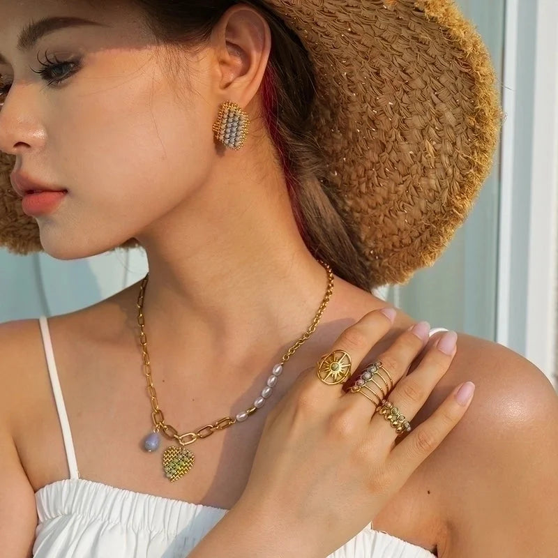 Artistic Geometric 304 Stainless Steel Turquoise Plating Inlay Open Rings