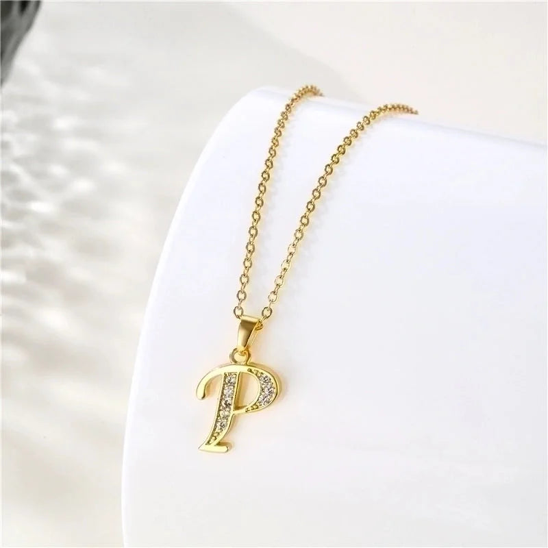 Stainless Steel Titanium Steel 18K Gold Plated Fashion Plating Inlay Letter Zircon Pendant Necklace