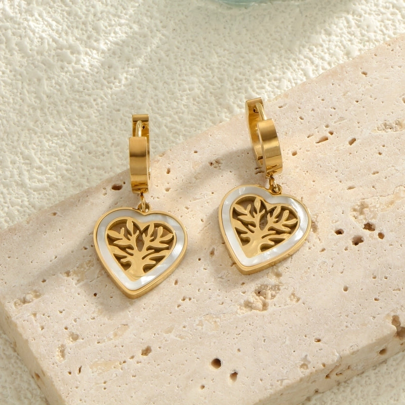 1 Pair Minimalist Heart Shape Life Tree Plating Inlay Titanium Steel Shell 18K Gold Plated Drop Earrings