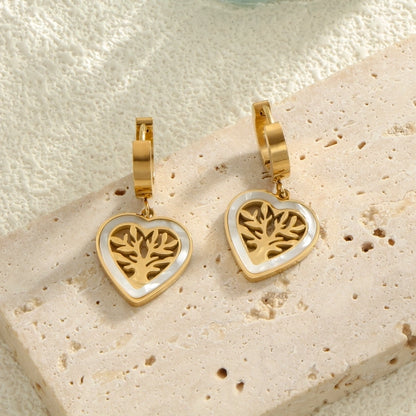 1 Pair Minimalist Heart Shape Life Tree Plating Inlay Titanium Steel Shell 18K Gold Plated Drop Earrings