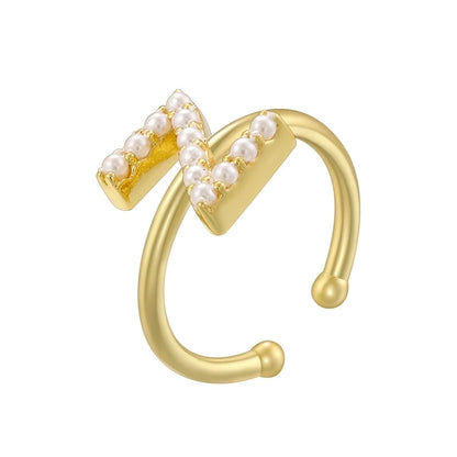 Copper 18K Gold Plated Plating Inlay Letter Artificial Pearls Open Rings