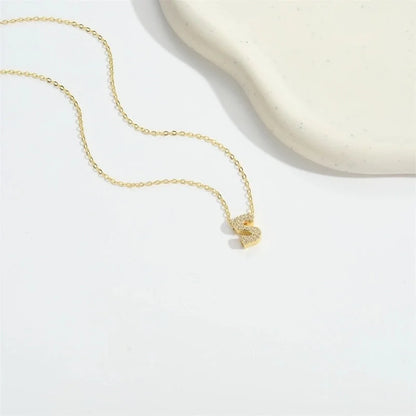 Copper 14K Gold Plated Vintage Style Minimalist Commute Inlay Letter Zircon Pendant Necklace