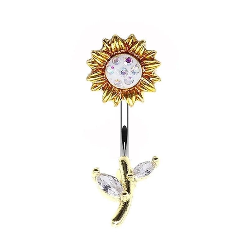 Elegant Sunflower Maple Leaf Stainless Steel Alloy Copper Epoxy Inlay Rhinestones White Gold Plated Gold Plated Belly Ring