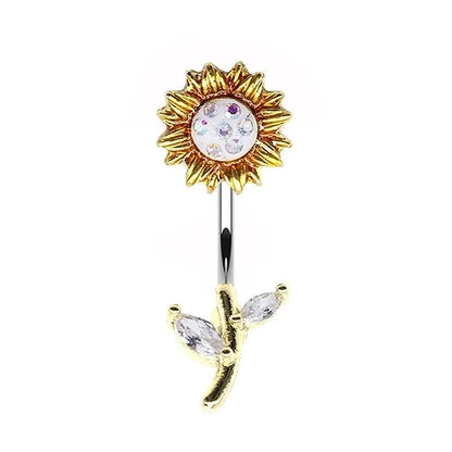 Elegant Sunflower Maple Leaf Stainless Steel Alloy Copper Epoxy Inlay Rhinestones White Gold Plated Gold Plated Belly Ring