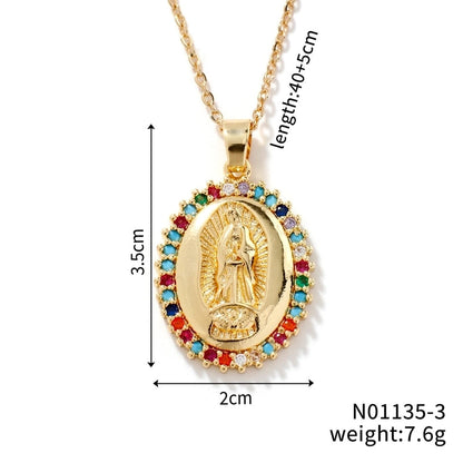 Vintage Style Classic Style Geometric Round Virgin Mary 304 Stainless Steel Copper Zircon K Gold Plated Inlay Pendant Necklace