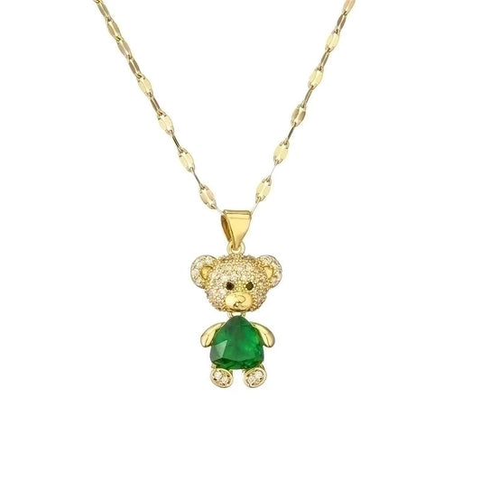 Cartoon Style Cute Little Bear Titanium Steel Copper Pearl Zircon Plating Inlay Pendant Necklace