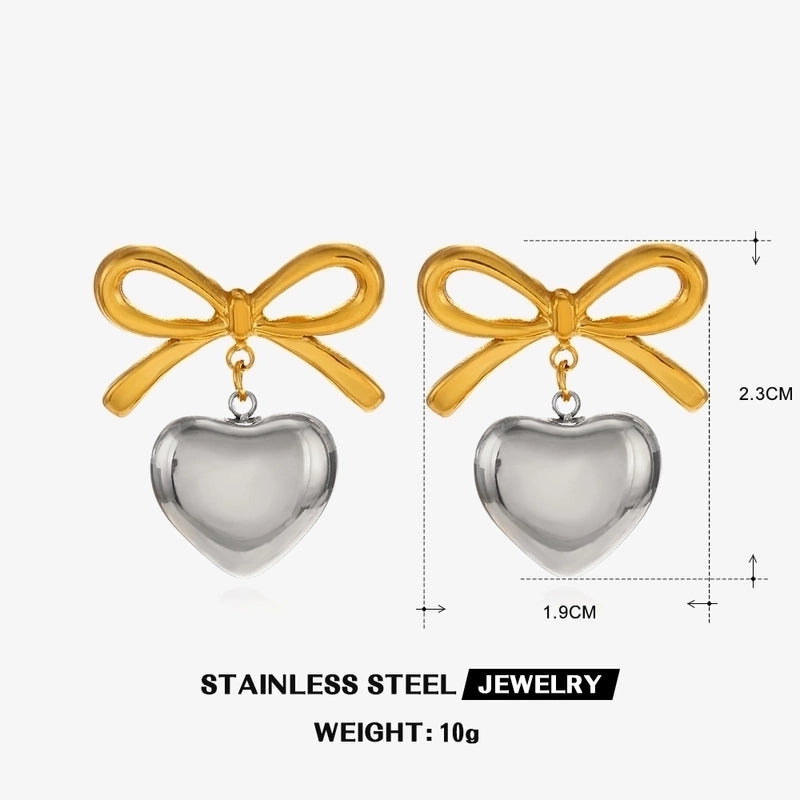 1 Pair Sweet Minimalist Heart Shape Bow Knot Polishing Pearl 304 Stainless Steel Artificial Pearls 18K Gold Plated Drop Earrings