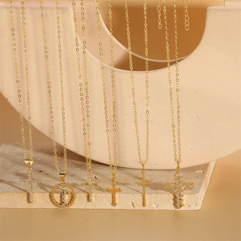 Vintage Style Minimalist Cross Copper 14k Gold Plated Zircon Pendant Necklace In Bulk