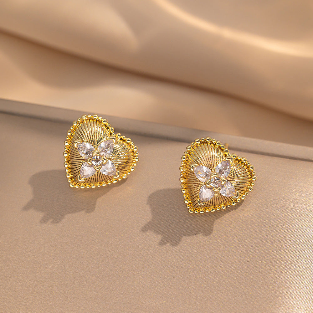 2 Pieces Moderate Luxury Flower Copper Diamond Inlay Stud Earrings