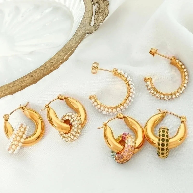 1 Pair Vintage Style C Shape Circle Inlay 304 Stainless Steel Titanium Steel Zircon 18K Gold Plated Earrings Ear Studs