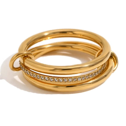 IG Style Circle 304 Stainless Steel Rhinestones 18K Gold Plated Layered Plating Inlay Rings