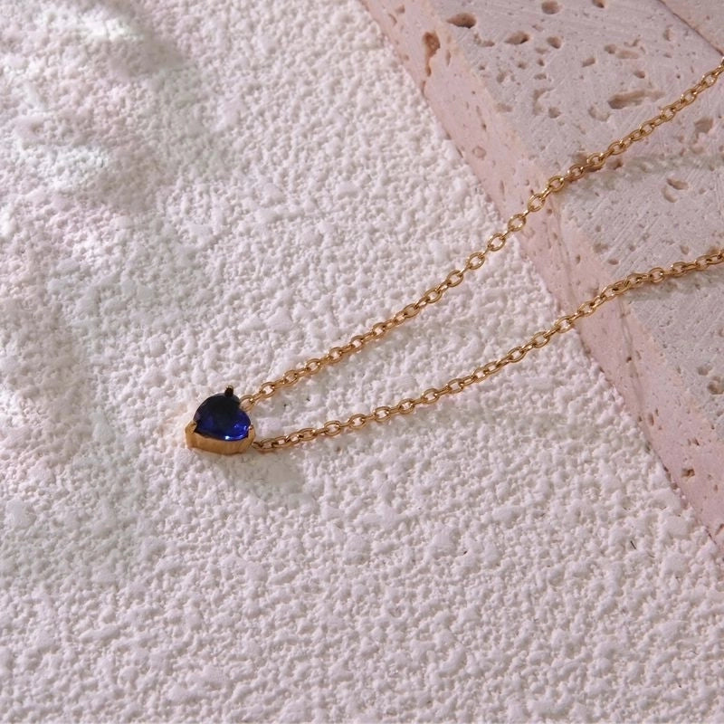 Sweet Minimalist Commute Heart Shape 304 Stainless Steel Rhinestones Birthstone 18K Gold Plated Inlay Necklace