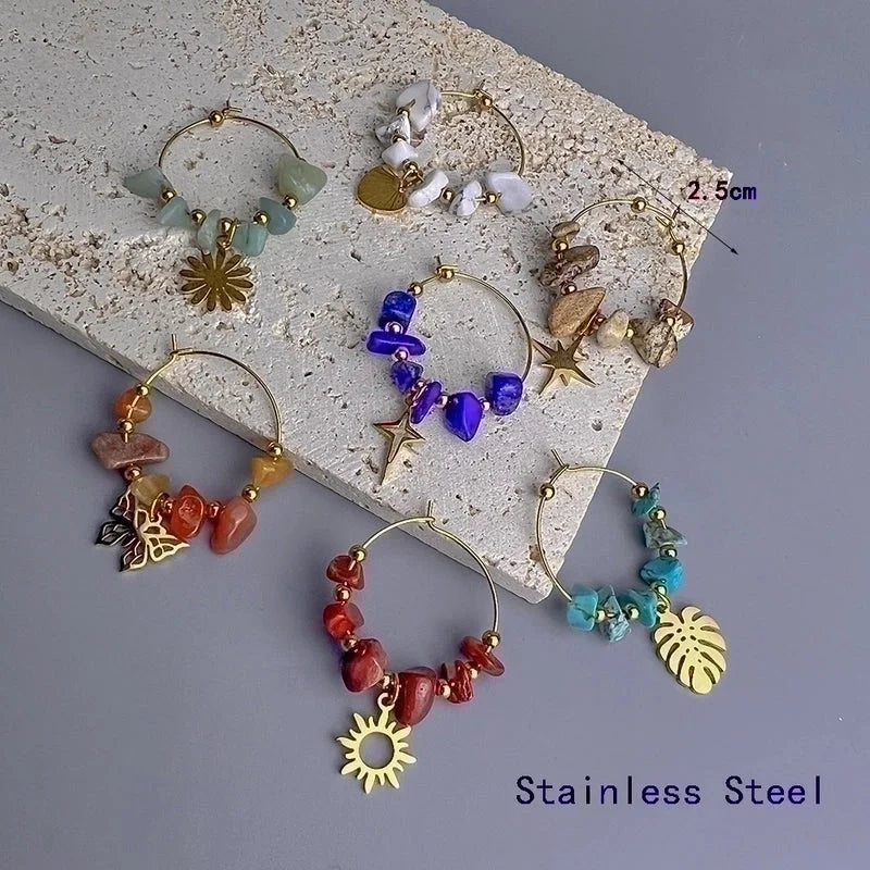 1 Pair Bohemian Leaf Sun Butterfly Stainless Steel Gravel Earrings