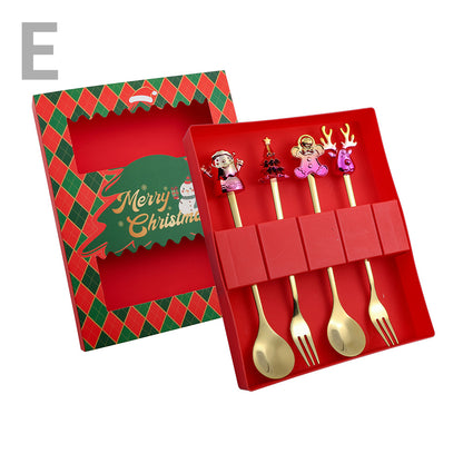 J Christmas Spoon Set Cartoon Colorful Santa Claus Christmas Tree Spoon Fork Coffee Dessert Spoon Gift Box