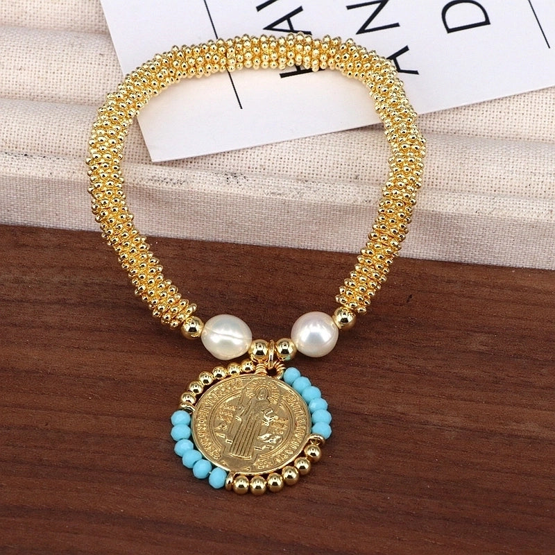 Copper 18K Gold Plated Handmade Pearl Human Round Virgin Mary Crystal Bracelets