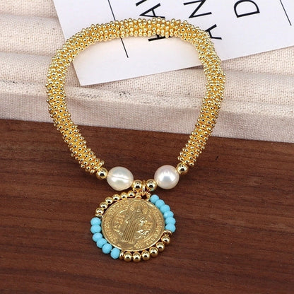 Copper 18K Gold Plated Handmade Pearl Human Round Virgin Mary Crystal Bracelets