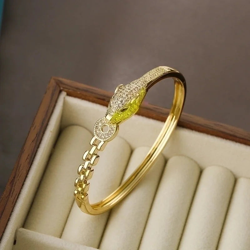 2 Pieces Hip-hop Leopard Copper 18k Gold Plated Pearl Zircon Bangle In Bulk