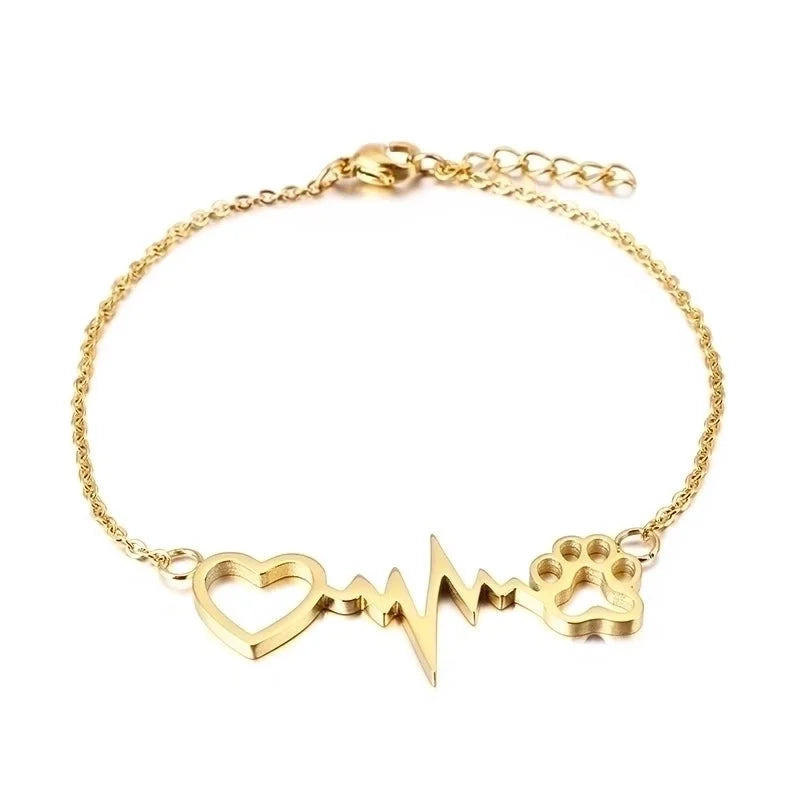 Sweet Paw Print Heart Shape Titanium Steel 18K Gold Plated Bracelets In Bulk