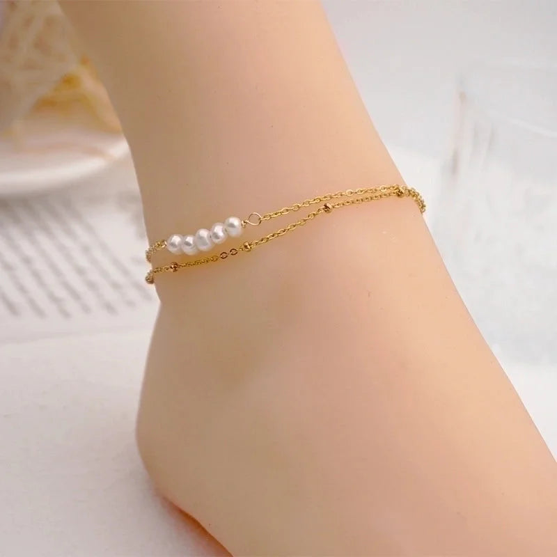 Minimalist Round Freshwater Pearl Titanium Steel Bracelets Anklet