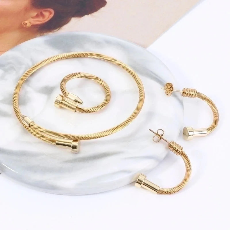 Fashion Irregular Stainless Steel Rings Bracelets Necklace 1 Piece 1 Pair