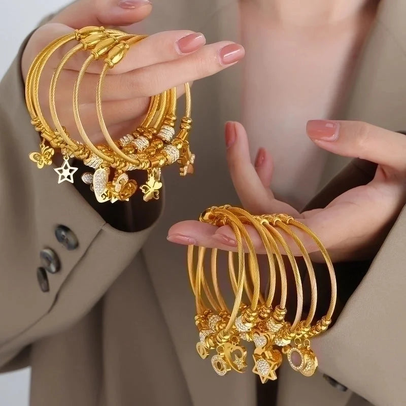 Casual Minimalist Star Heart Shape Butterfly Titanium Steel 18K Gold Plated Rhinestones Bangle In Bulk
