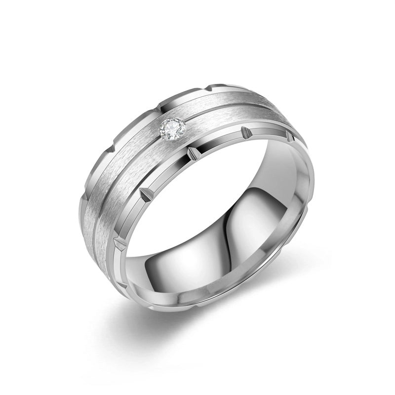 Modern Style Minimalist Round Titanium Steel Artificial Diamond 18K Gold Plated Inlay Wide Band Ring